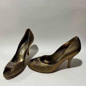 Salvatore Ferragamo Gold Peep-Toe Heels Tiberia Snakeskin Italy Logo